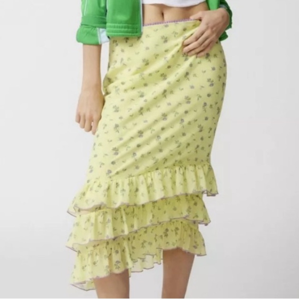 🟠NWT KIMCHI BLUE Lenora Chiffon Ruffle Midi Skirt in Bright Yellow/Purple Floral